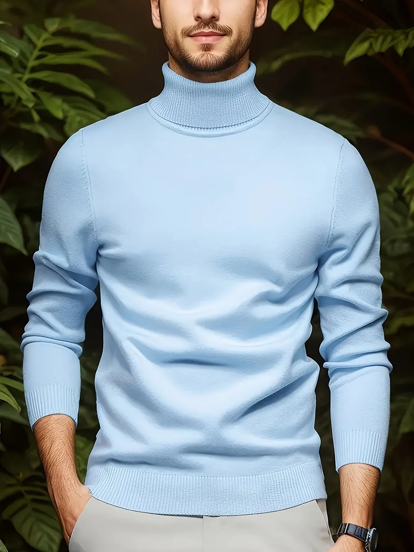 Men's solid colour soft viscose turtleneck sweater in black, front view