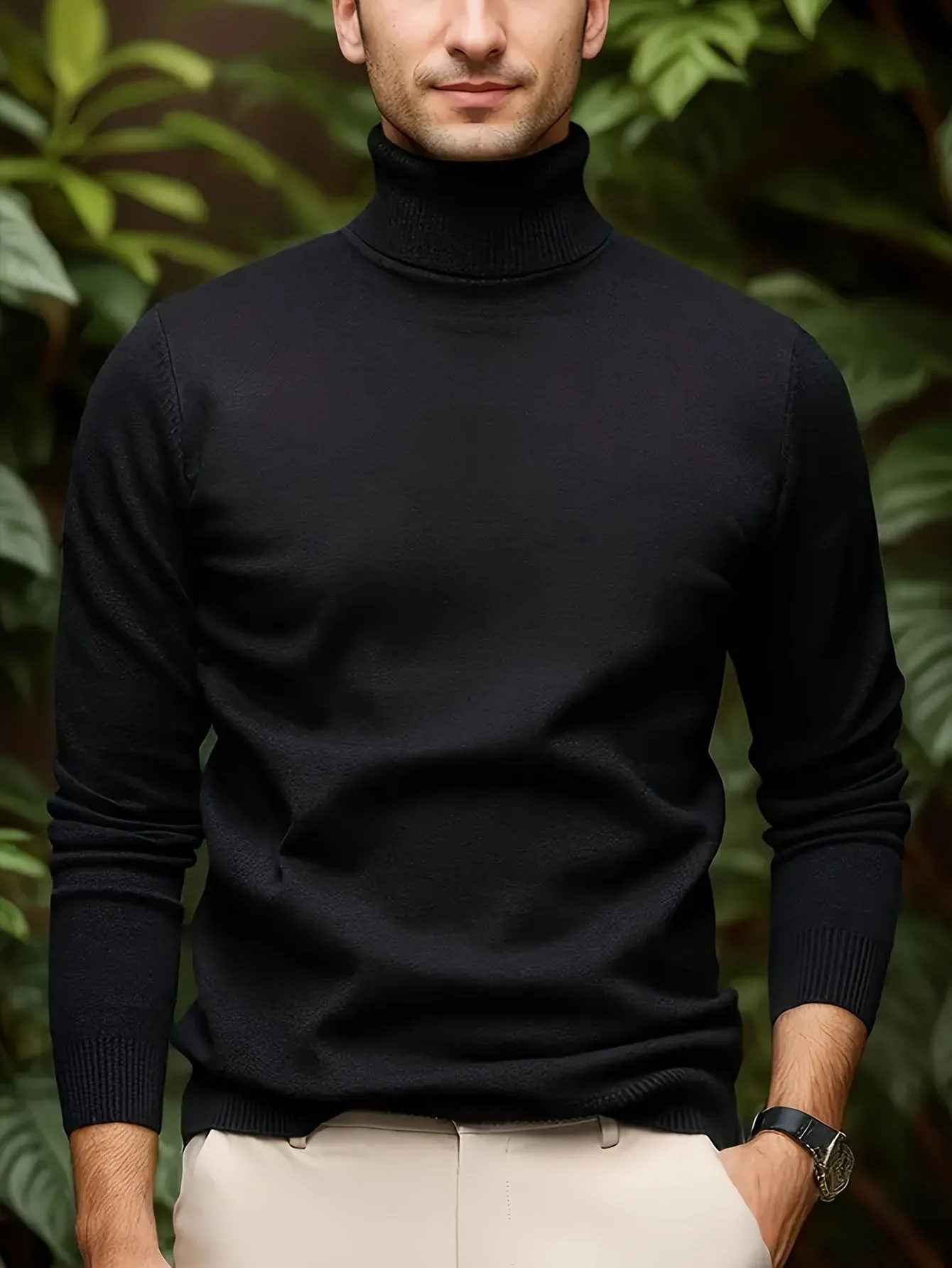Men's solid colour soft viscose turtleneck sweater in black, front view