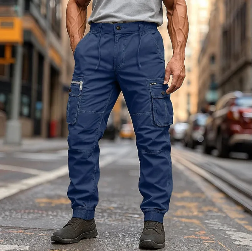 Men's oversized cotton trousers in brown, loose waist with drawstring, tapered leg, sizes 29-40
