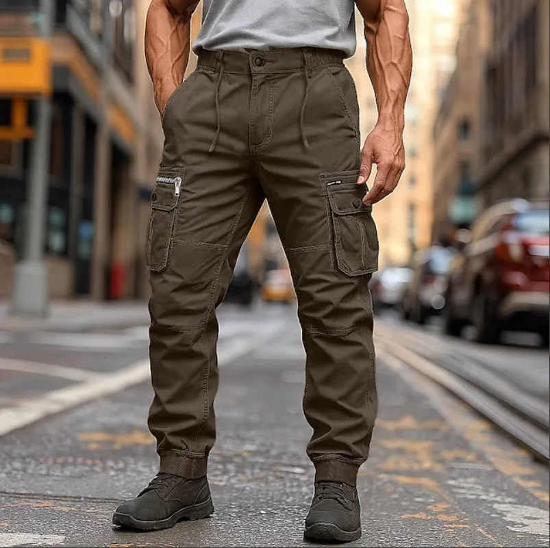 Men's oversized cotton trousers in brown, loose waist with drawstring, tapered leg, sizes 29-40