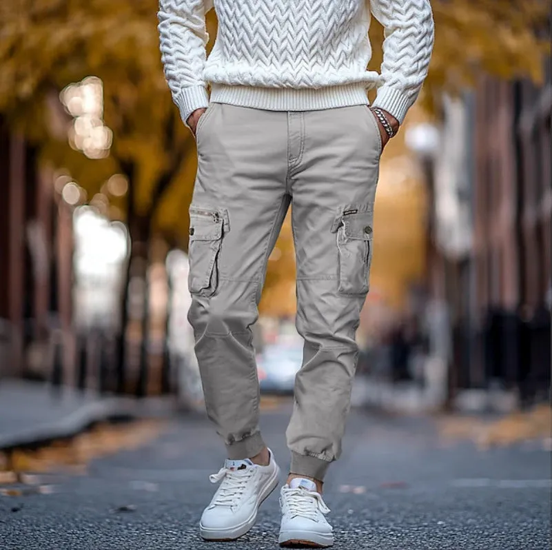 Men's oversized cotton trousers in brown, loose waist with drawstring, tapered leg, sizes 29-40