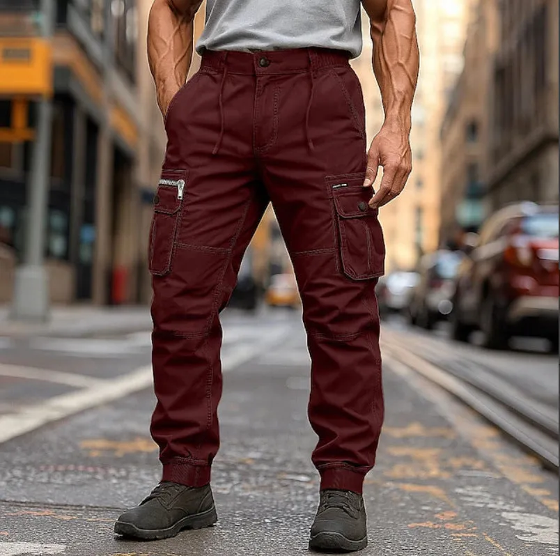 Men's oversized cotton trousers in brown, loose waist with drawstring, tapered leg, sizes 29-40