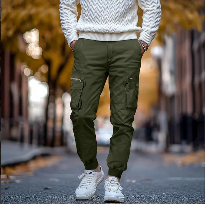Men's oversized cotton trousers in brown, loose waist with drawstring, tapered leg, sizes 29-40
