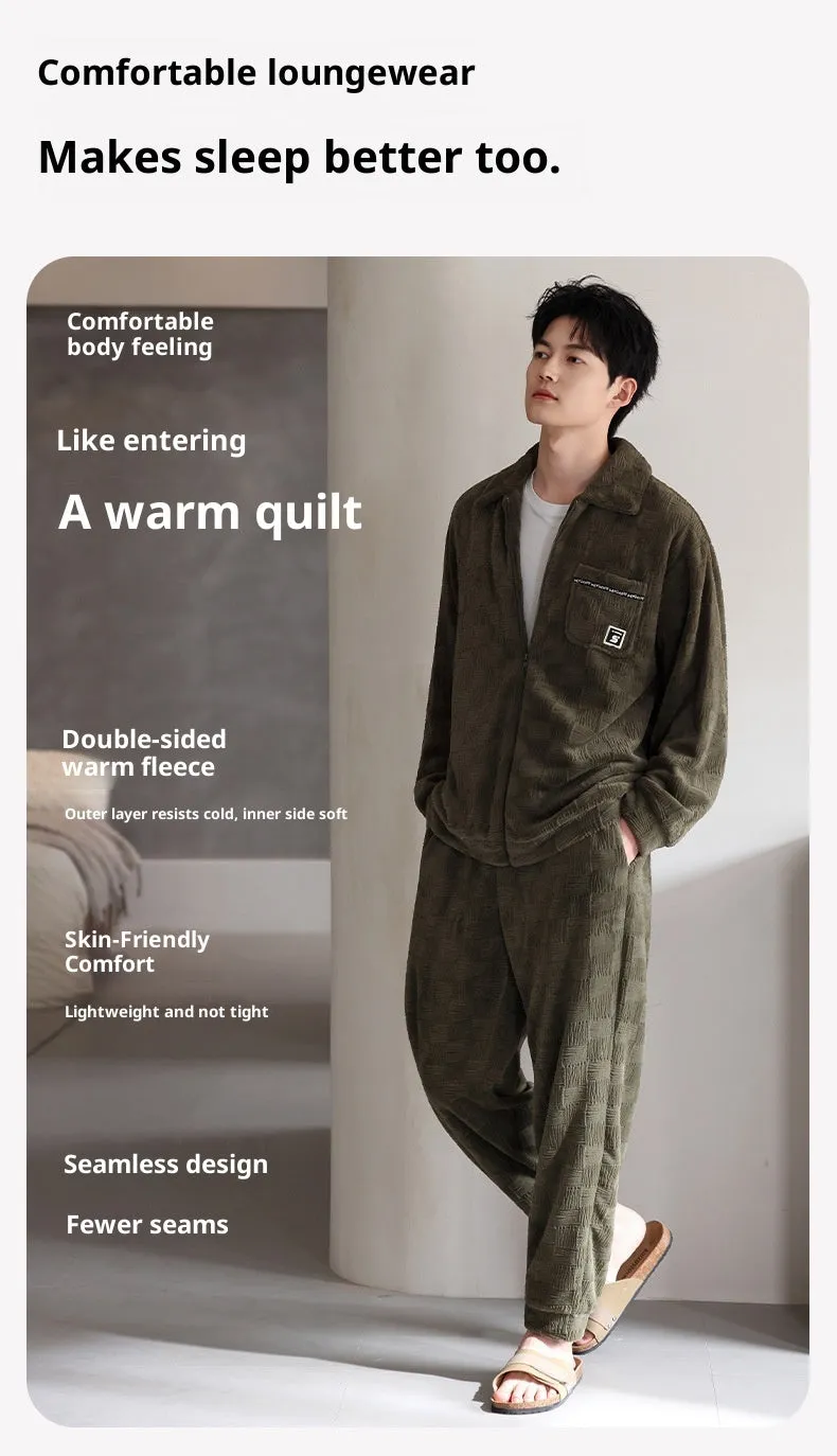 Men's coral velvet pajamas suit in black – super thick flannel two-piece set with top and pants for sleep and outdoor warmth