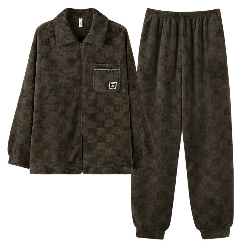 Men's coral velvet pajamas suit in black – super thick flannel two-piece set with top and pants for sleep and outdoor warmth