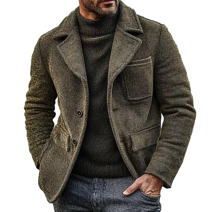 Men's retro solid colour Army Green woolen coat on display for casual winter wear