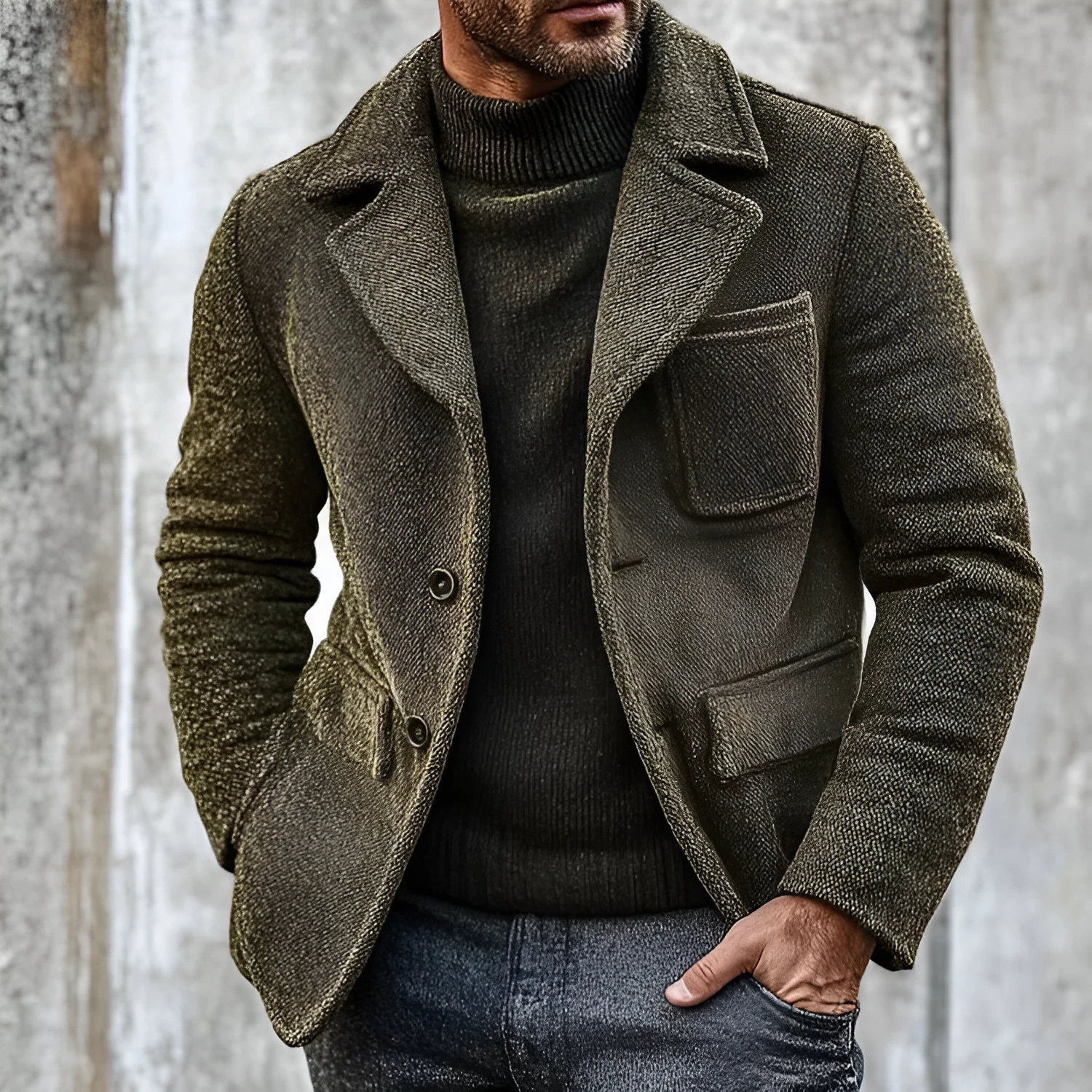Men's retro solid colour Army Green woolen coat on display for casual winter wear