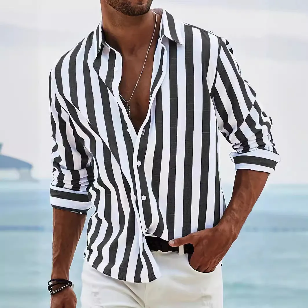 Man wearing a loose grey striped casual long-sleeved shirt with a cardigan style.