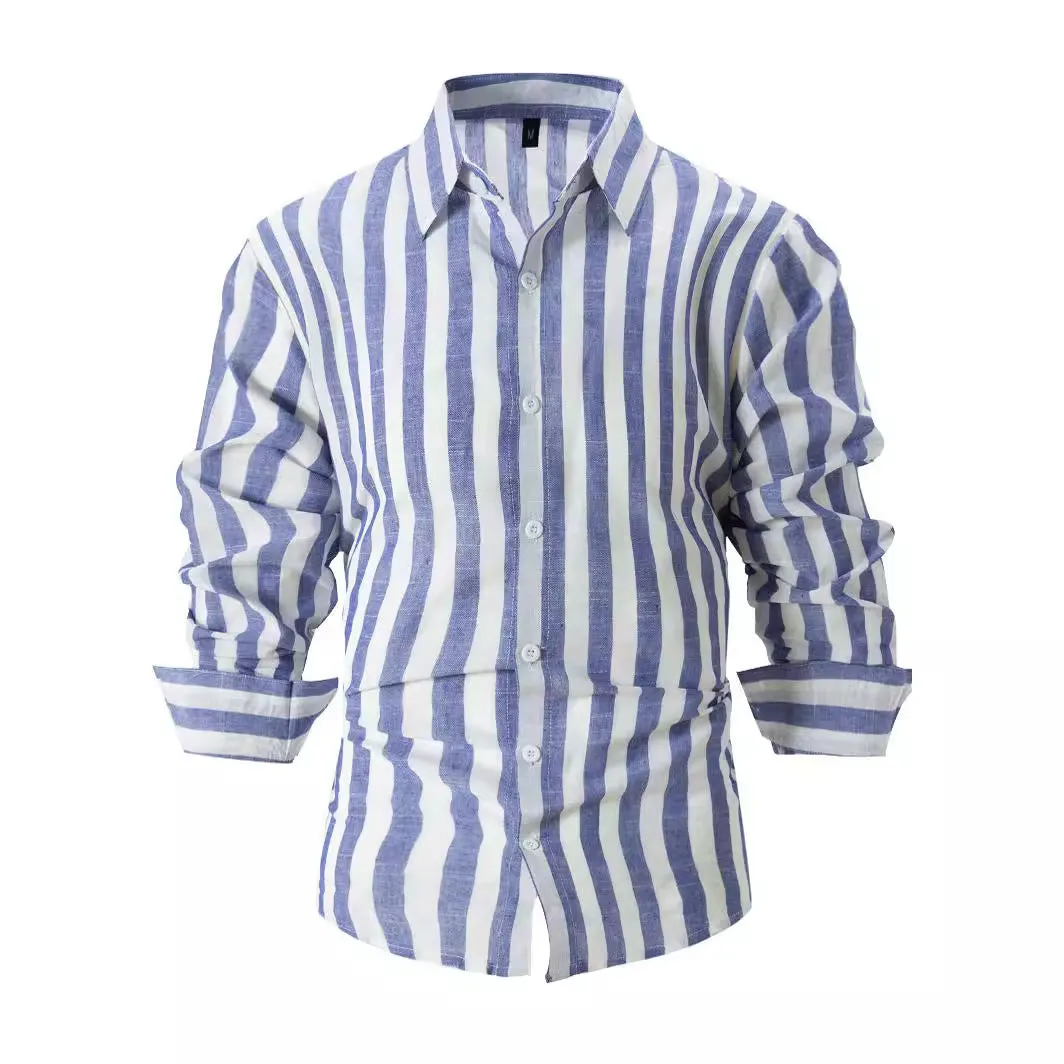 Man wearing a loose grey striped casual long-sleeved shirt with a cardigan style.