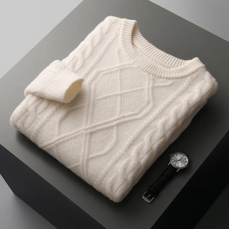 Men's oversized thick knit jacquard pullover sweater in AB Gray with twist round neck and long sleeves