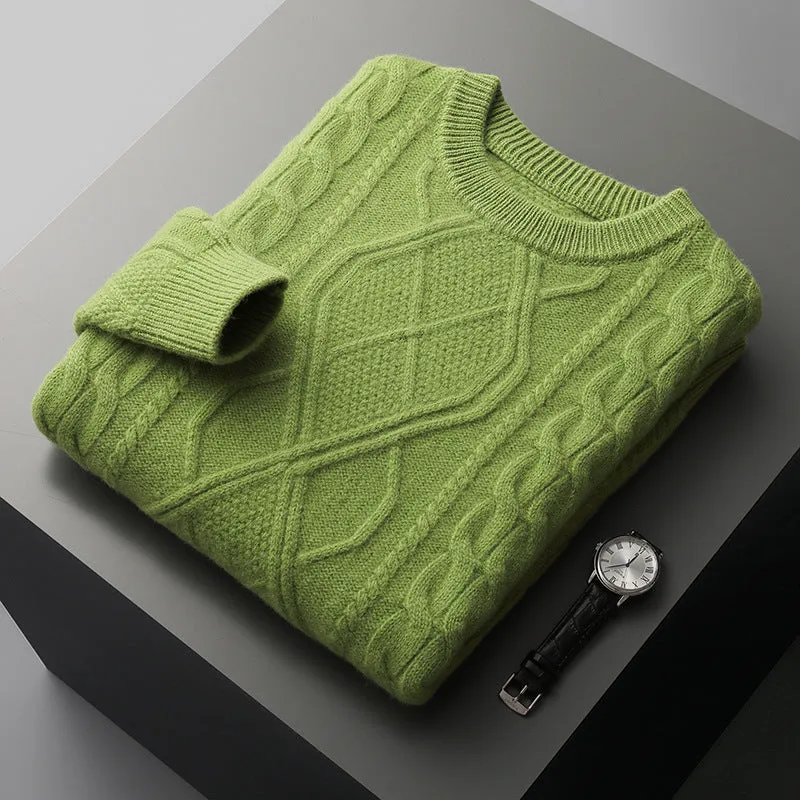 Men's oversized thick knit jacquard pullover sweater in AB Gray with twist round neck and long sleeves