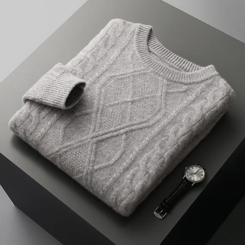 Men's oversized thick knit jacquard pullover sweater in AB Gray with twist round neck and long sleeves