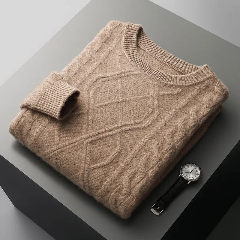 Men's oversized thick knit jacquard pullover sweater in AB Gray with twist round neck and long sleeves