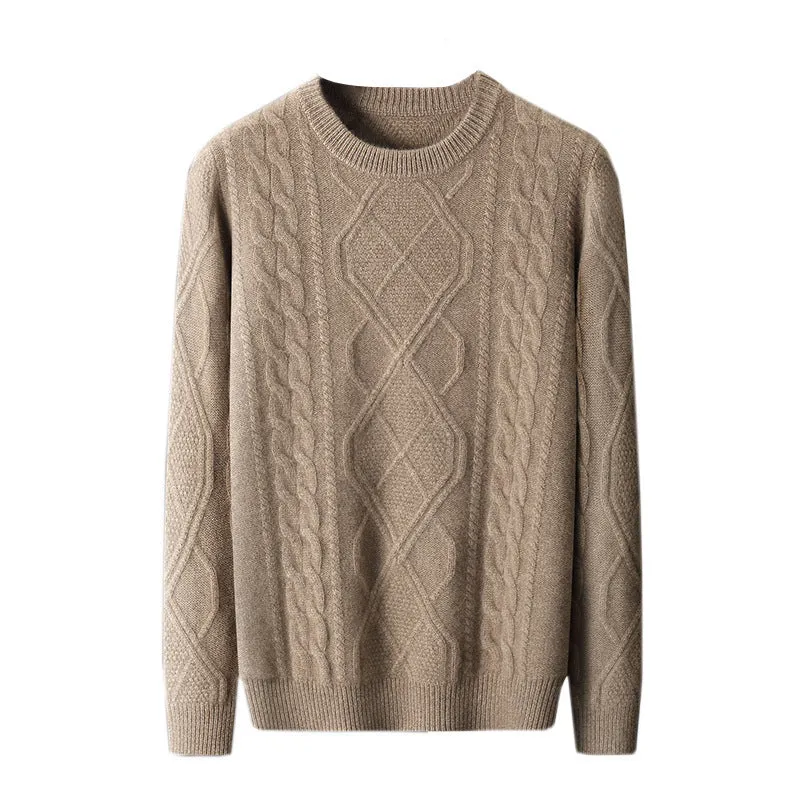 Men's oversized thick knit jacquard pullover sweater in AB Gray with twist round neck and long sleeves
