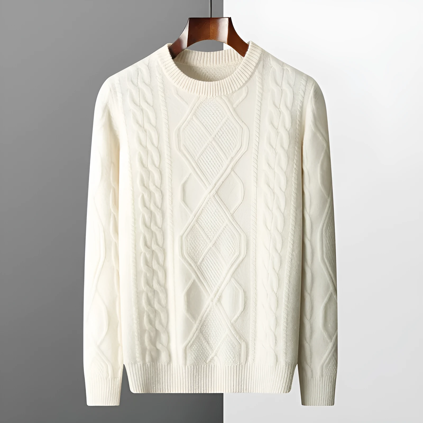 Men's oversized thick knit jacquard pullover sweater in AB Gray with twist round neck and long sleeves
