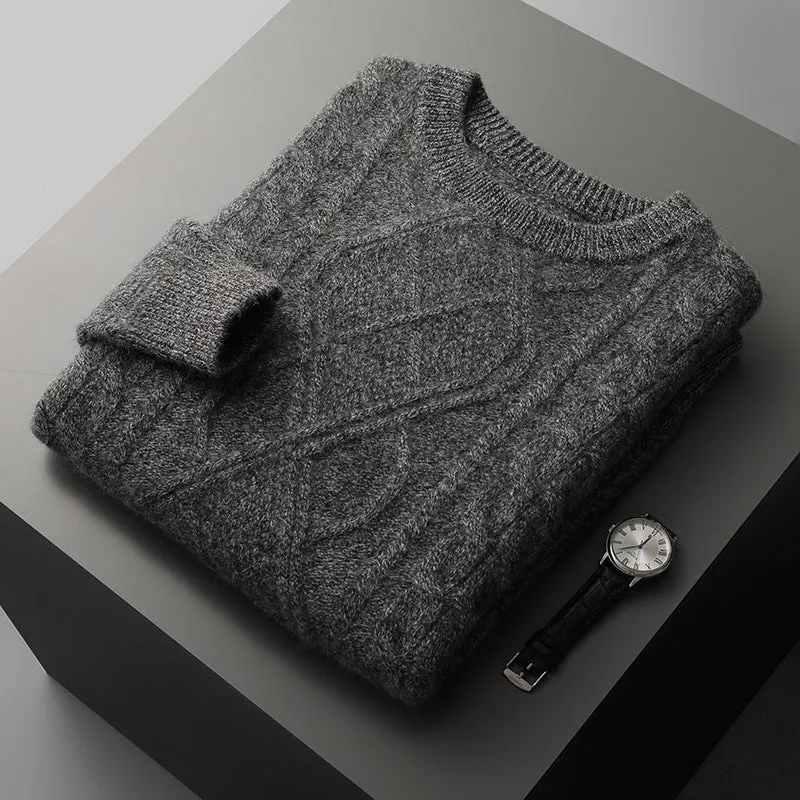 Men's oversized thick knit jacquard pullover sweater in AB Gray with twist round neck and long sleeves