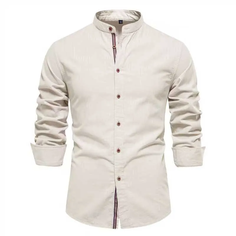 Men's solid colour linen blend long sleeve shirt in ivory white, front view, with non-iron finish