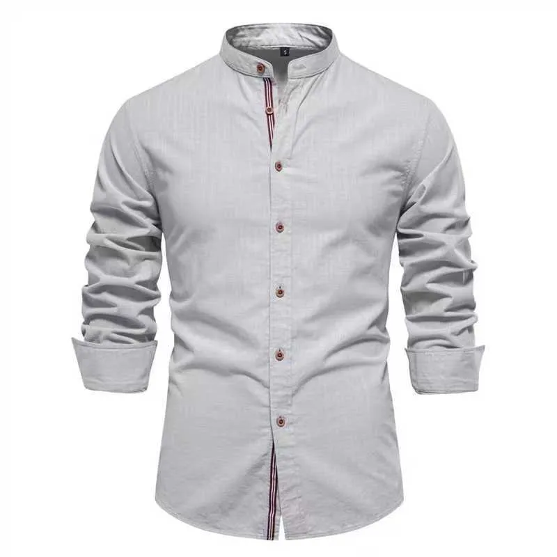 Men's solid colour linen blend long sleeve shirt in ivory white, front view, with non-iron finish