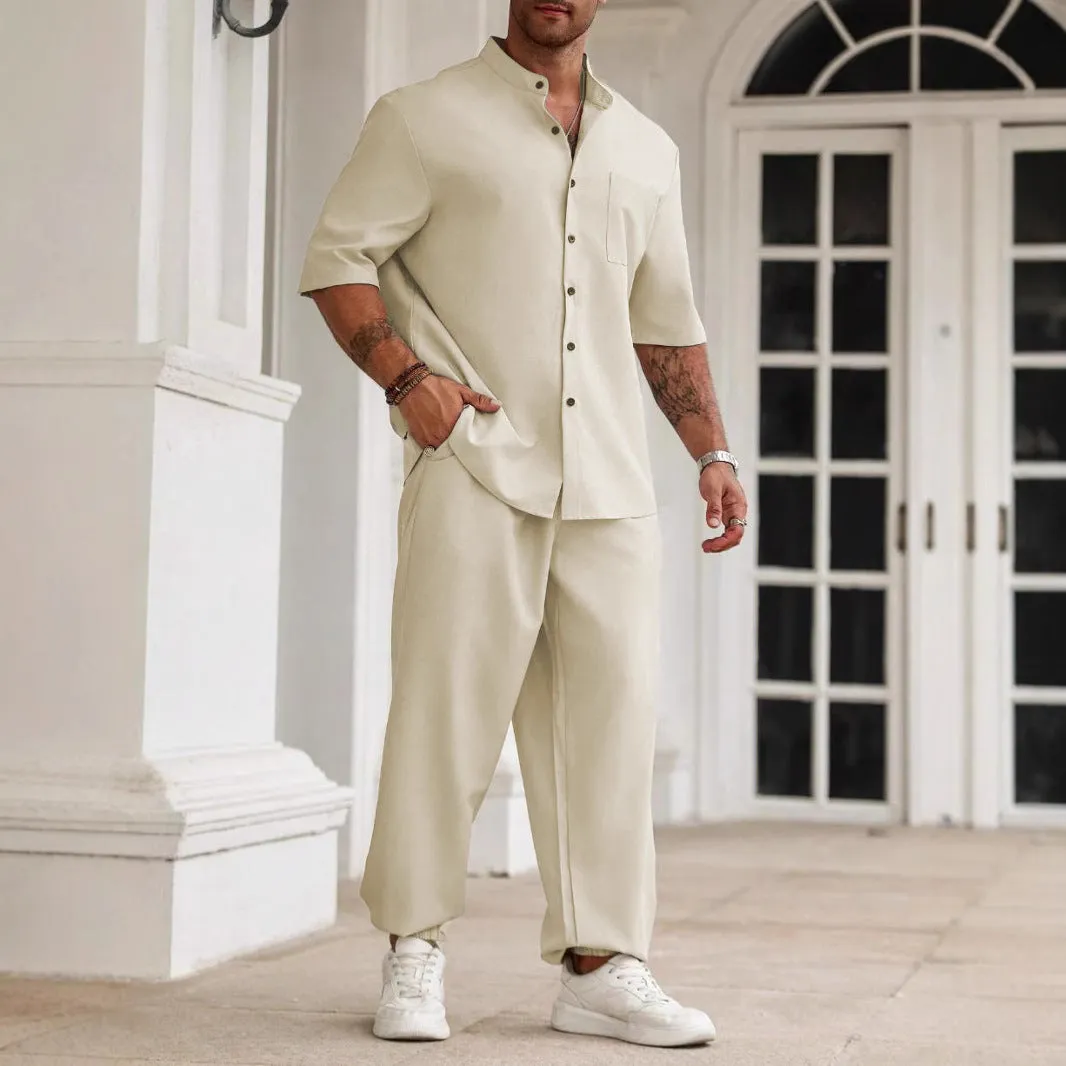Men's apricot cotton linen short-sleeved shirt and trouser casual set laid flat