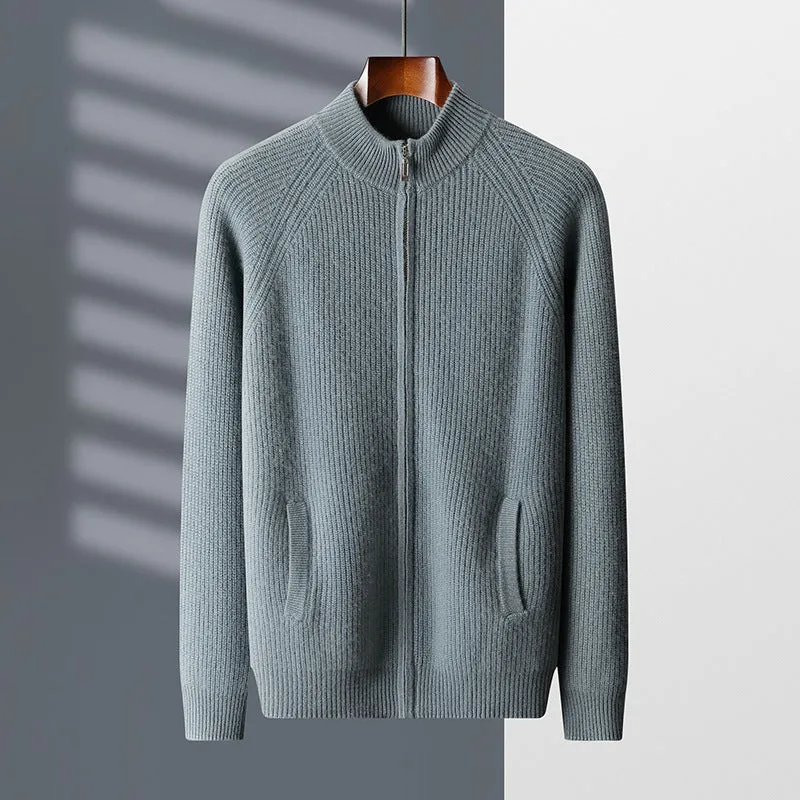 Men's half turtleneck zipper cardigan in solid colour with long sleeves and standard wool yarn construction