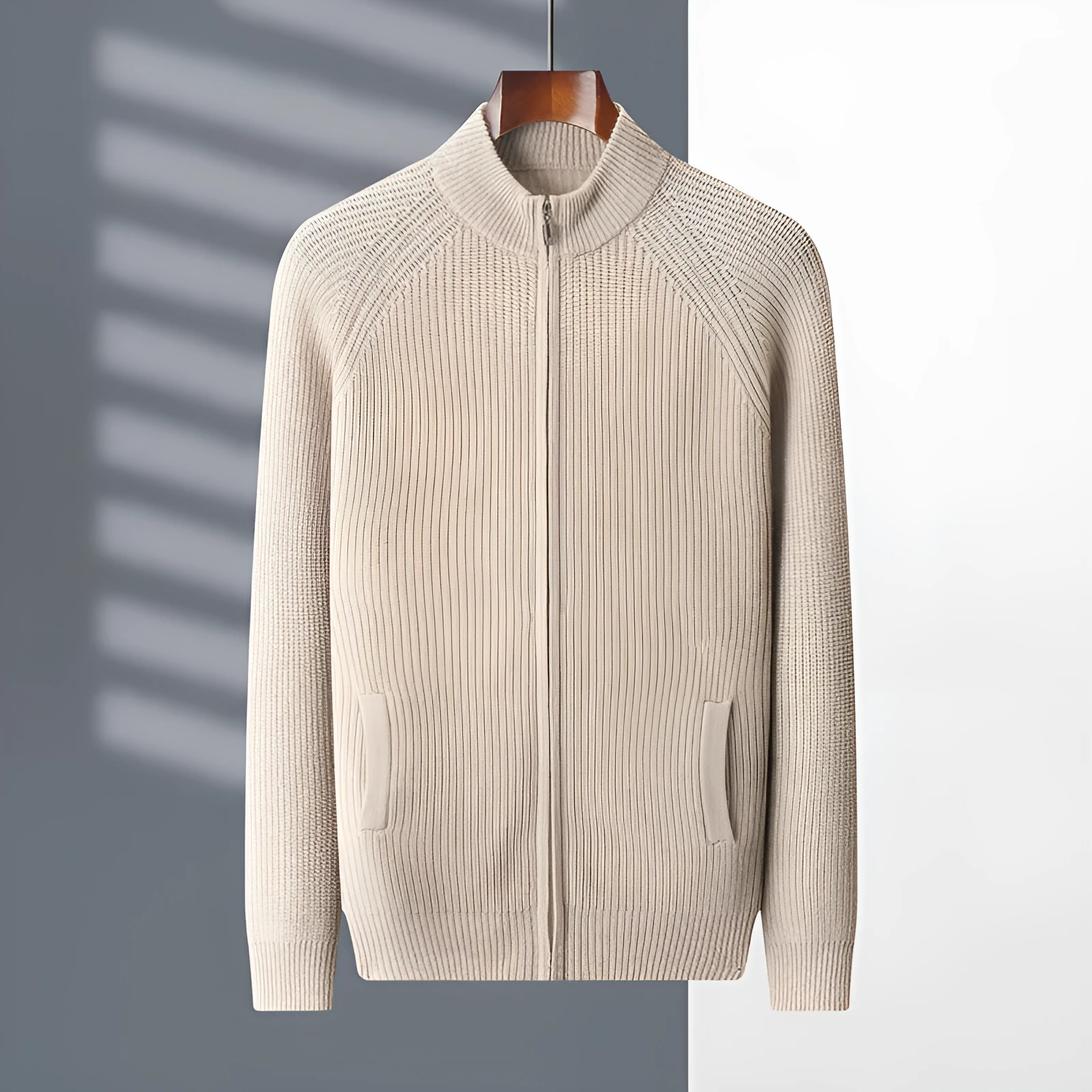 Men's half turtleneck zipper cardigan in solid colour with long sleeves and standard wool yarn construction