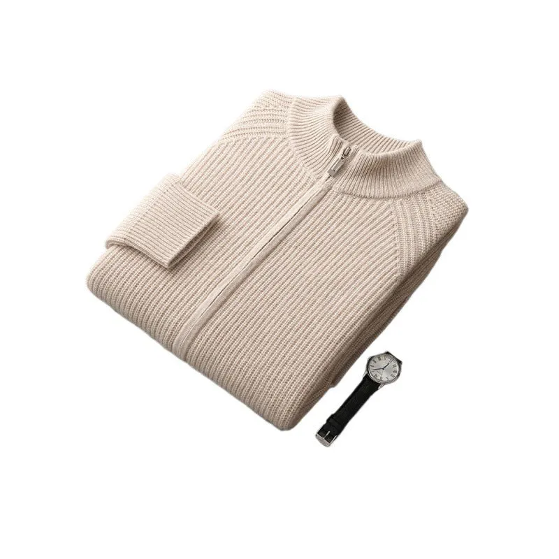 Men's half turtleneck zipper cardigan in solid colour with long sleeves and standard wool yarn construction