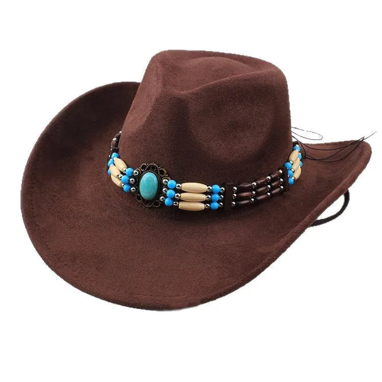 Western cowboy wide brim faux fur top hat in black with dome crown and average size 58cm for sun protection