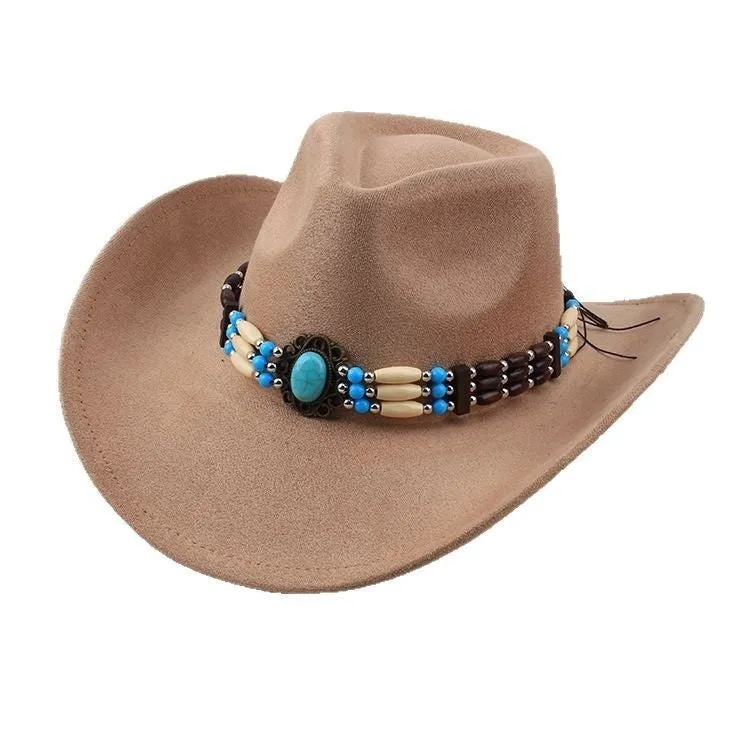 Western cowboy wide brim faux fur top hat in black with dome crown and average size 58cm for sun protection