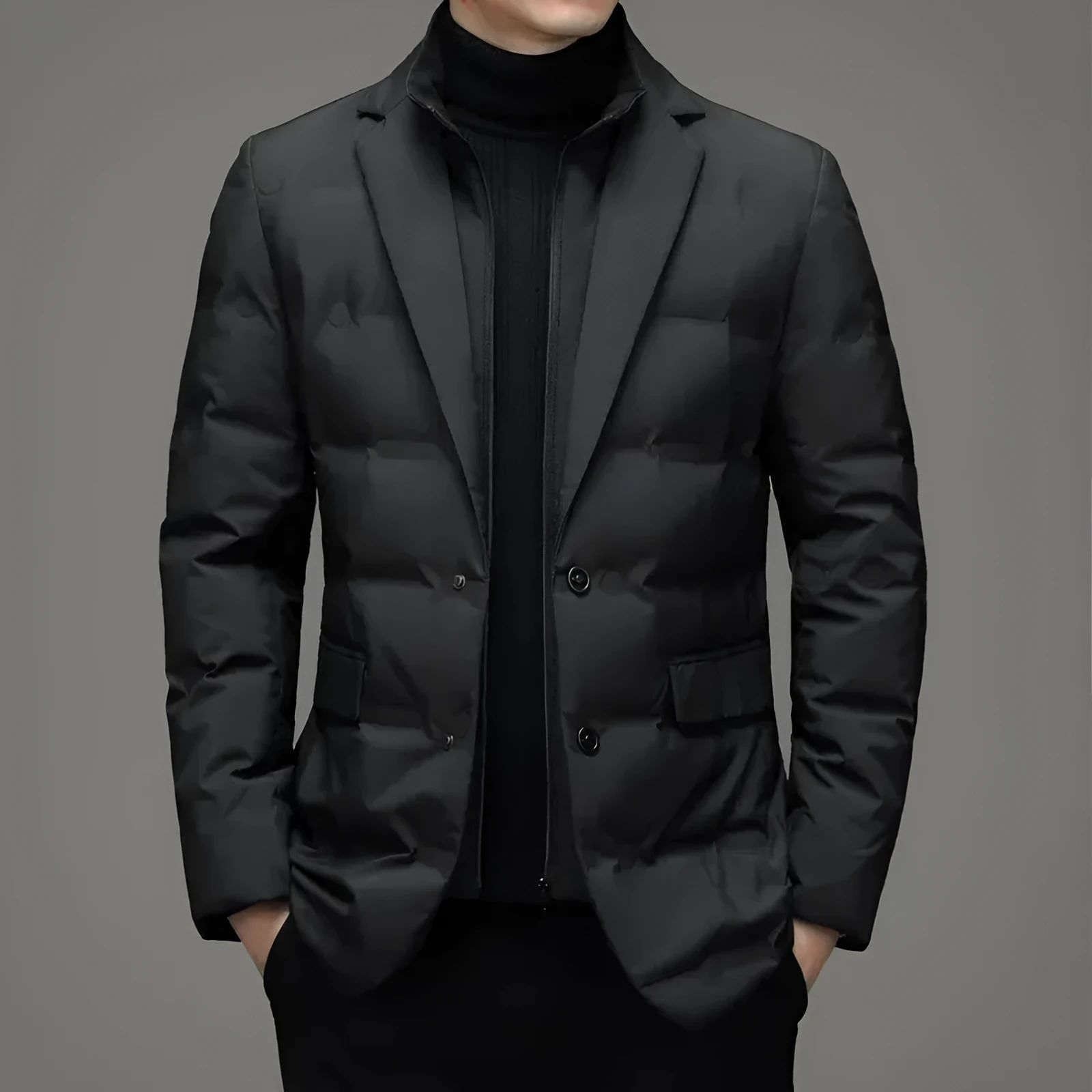 Fake two-piece suit down jacket for business men in corduroy fabric, thin style, black colour option