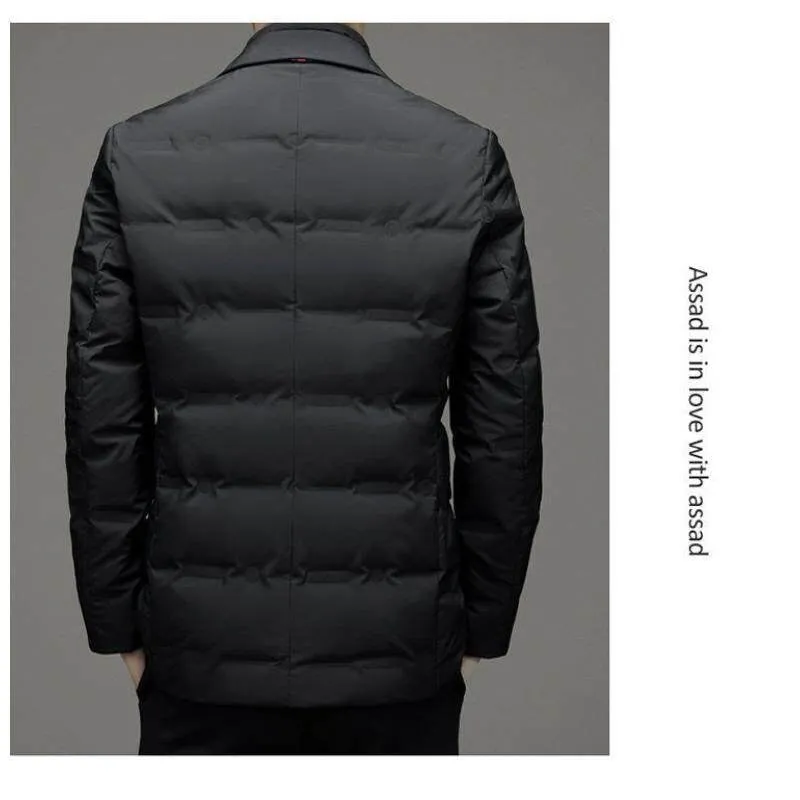 Fake two-piece suit down jacket for business men in corduroy fabric, thin style, black colour option