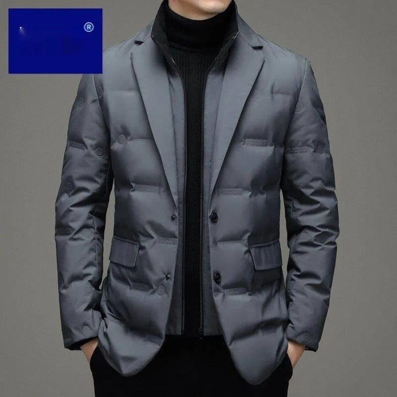 Fake two-piece suit down jacket for business men in corduroy fabric, thin style, black colour option