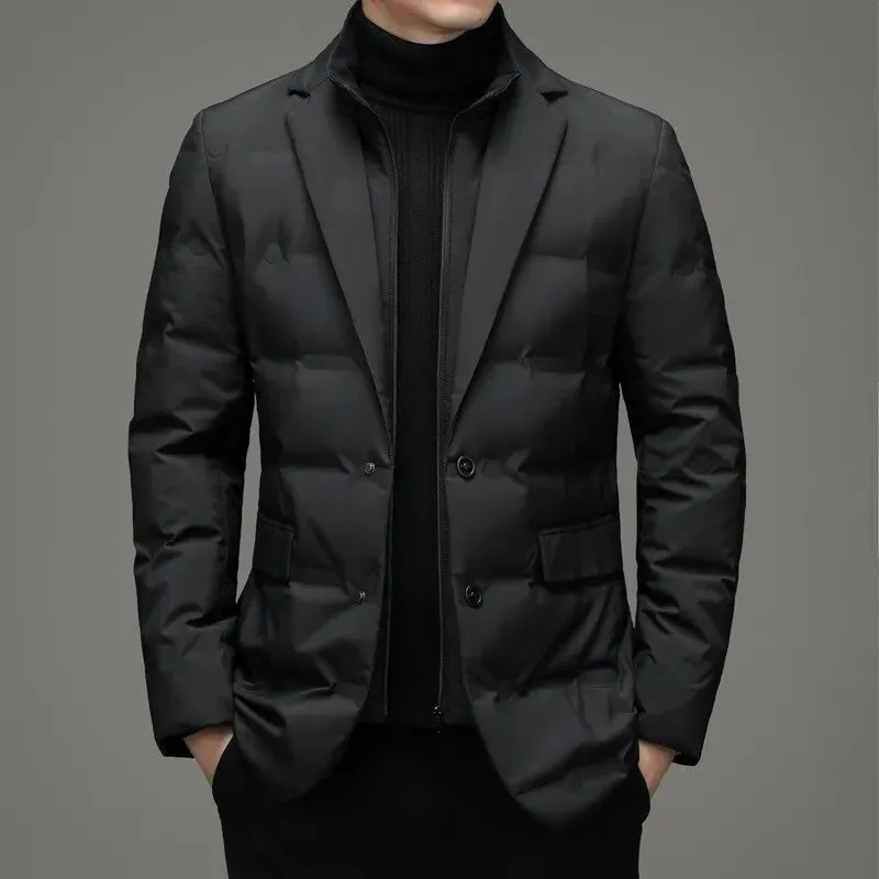 Fake two-piece suit down jacket for business men in corduroy fabric, thin style, black colour option