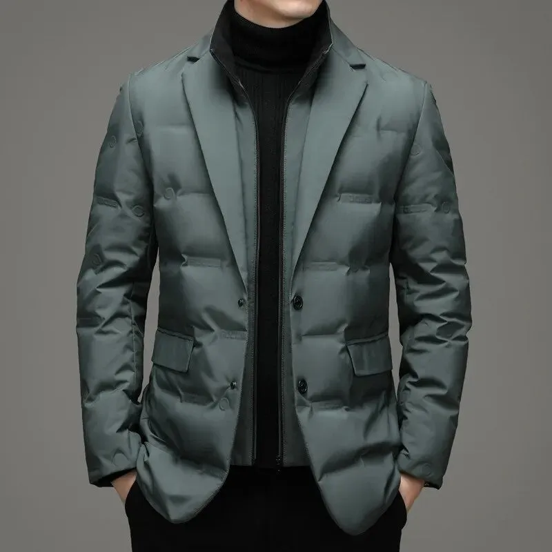 Fake two-piece suit down jacket for business men in corduroy fabric, thin style, black colour option