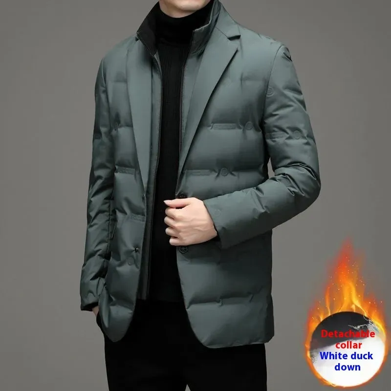 Fake two-piece suit down jacket for business men in corduroy fabric, thin style, black colour option