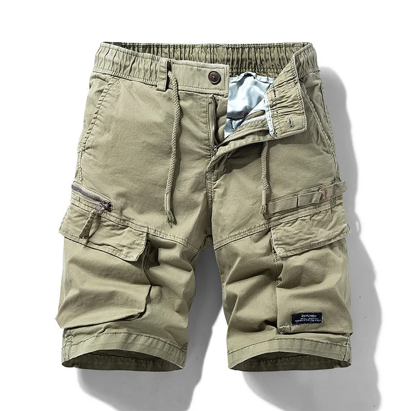 Men's army green cotton shorts with zip fly and multiple pockets, knee-length Korean style cut