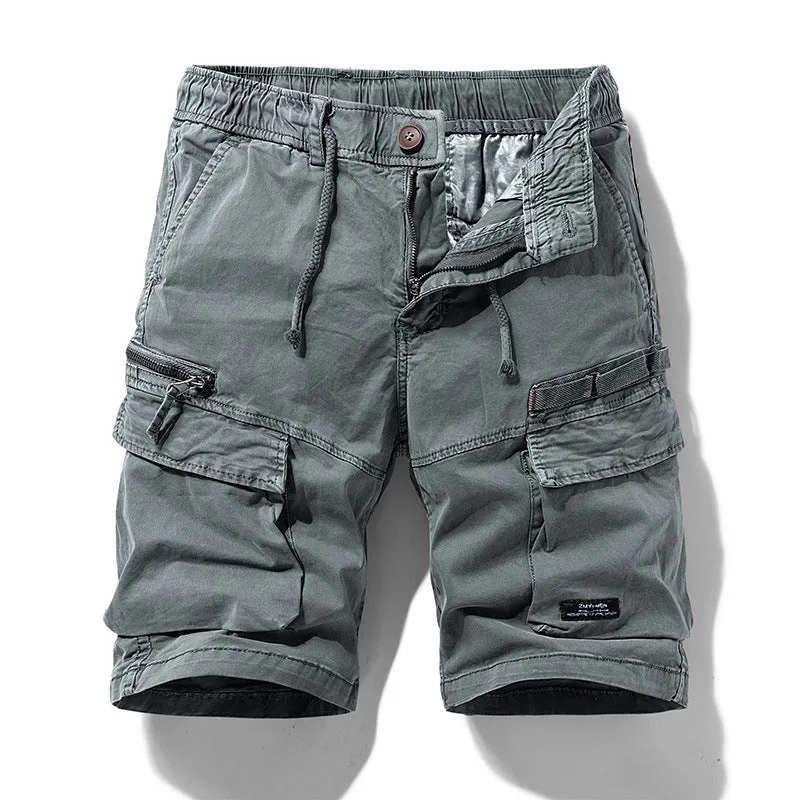 Men's army green cotton shorts with zip fly and multiple pockets, knee-length Korean style cut