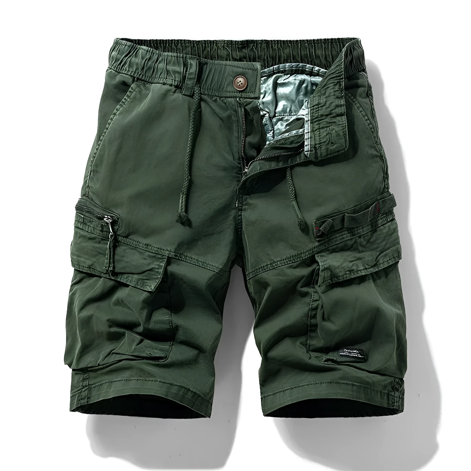 Men's army green cotton shorts with zip fly and multiple pockets, knee-length Korean style cut