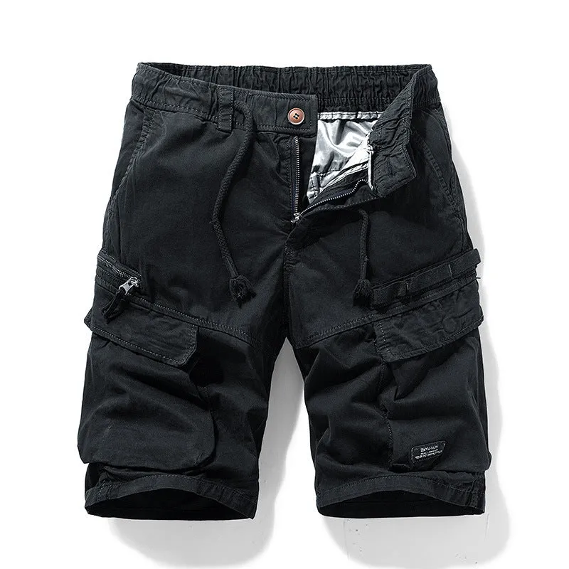 Men's army green cotton shorts with zip fly and multiple pockets, knee-length Korean style cut
