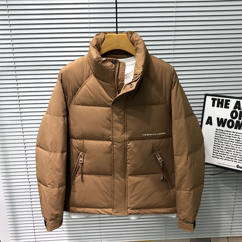 Men's stand collar thick down jacket in solid black colour on a plain background