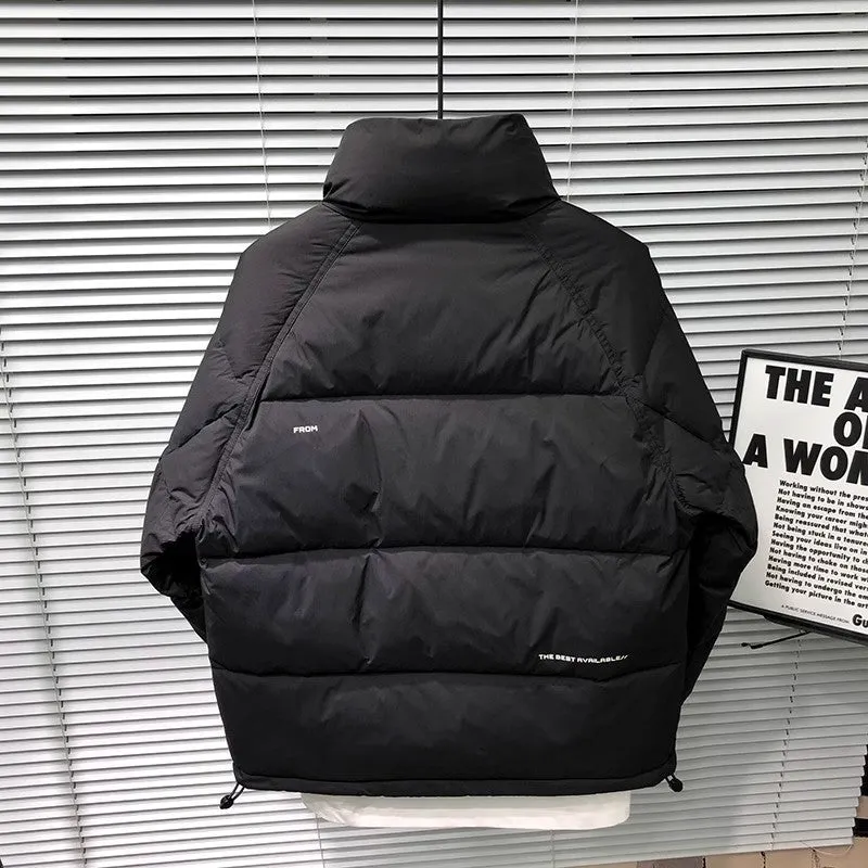 Men's stand collar thick down jacket in solid black colour on a plain background