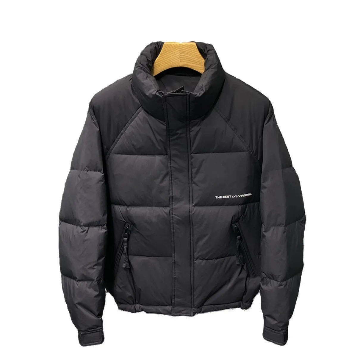 Men's stand collar thick down jacket in solid black colour on a plain background