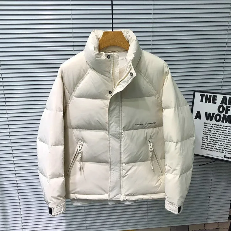 Men's stand collar thick down jacket in solid black colour on a plain background