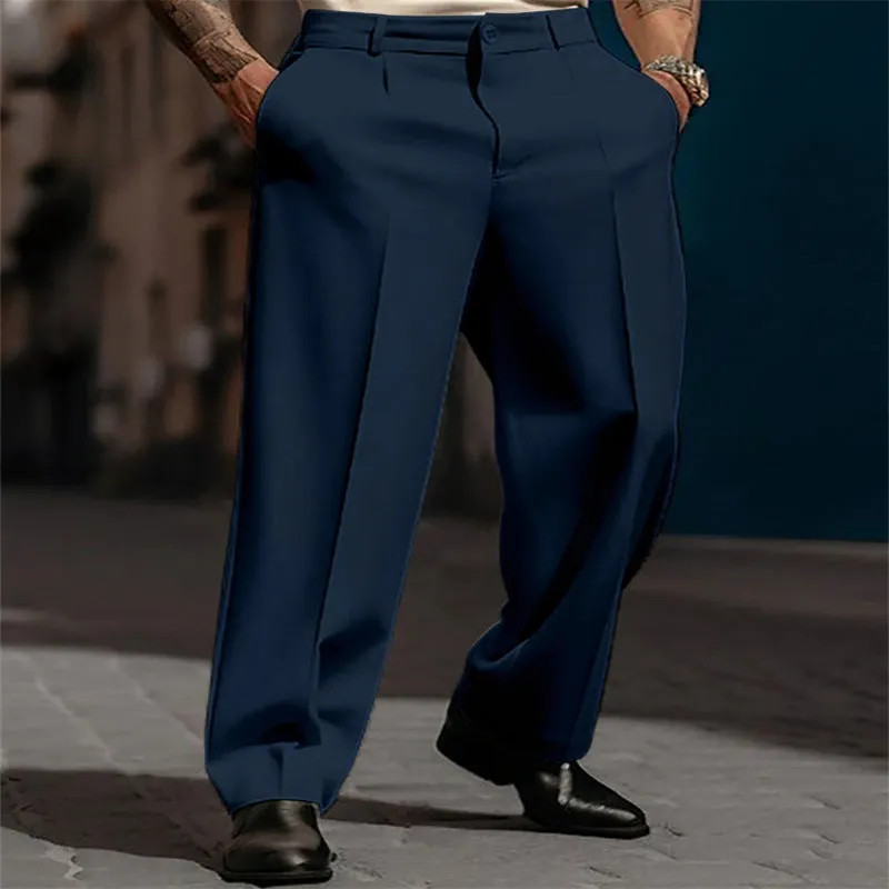 Men's straight solid colour suit trousers with diagonal pockets in khaki, on model, front view