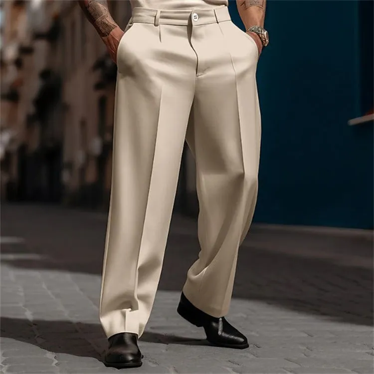 Men's straight solid colour suit trousers with diagonal pockets in khaki, on model, front view
