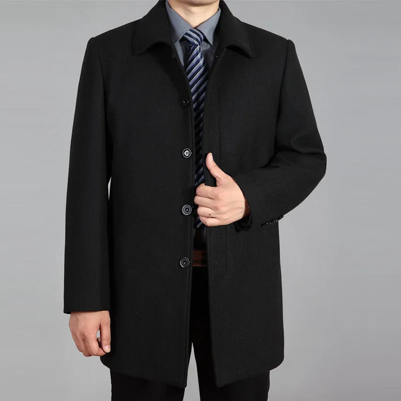 Men's mid-length woolen winter coat in dark grey with patch pockets and straight hem