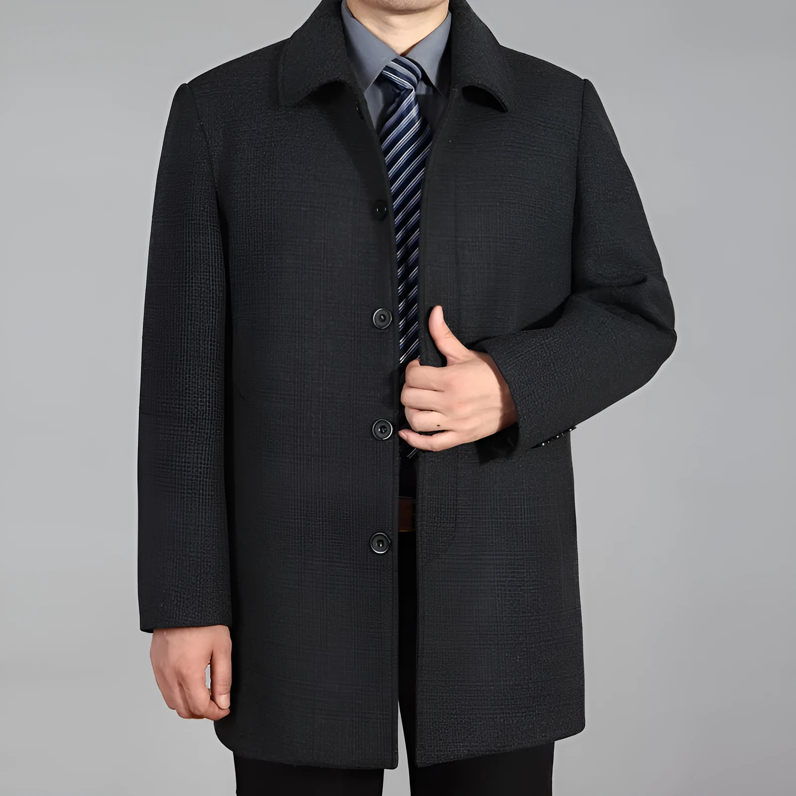Men's mid-length woolen winter coat in dark grey with patch pockets and straight hem