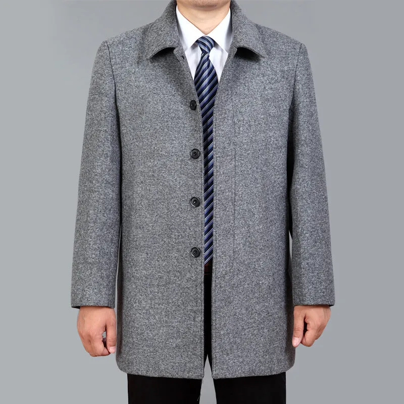 Men's mid-length woolen winter coat in dark grey with patch pockets and straight hem
