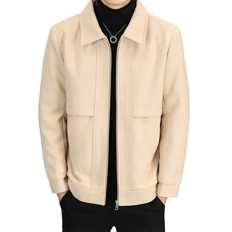 Men's khaki polo collar casual jacket with side seam pockets