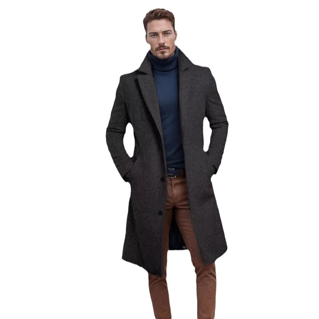 Men's mid-length solid colour woolen coat in black with side seam sidekick pockets