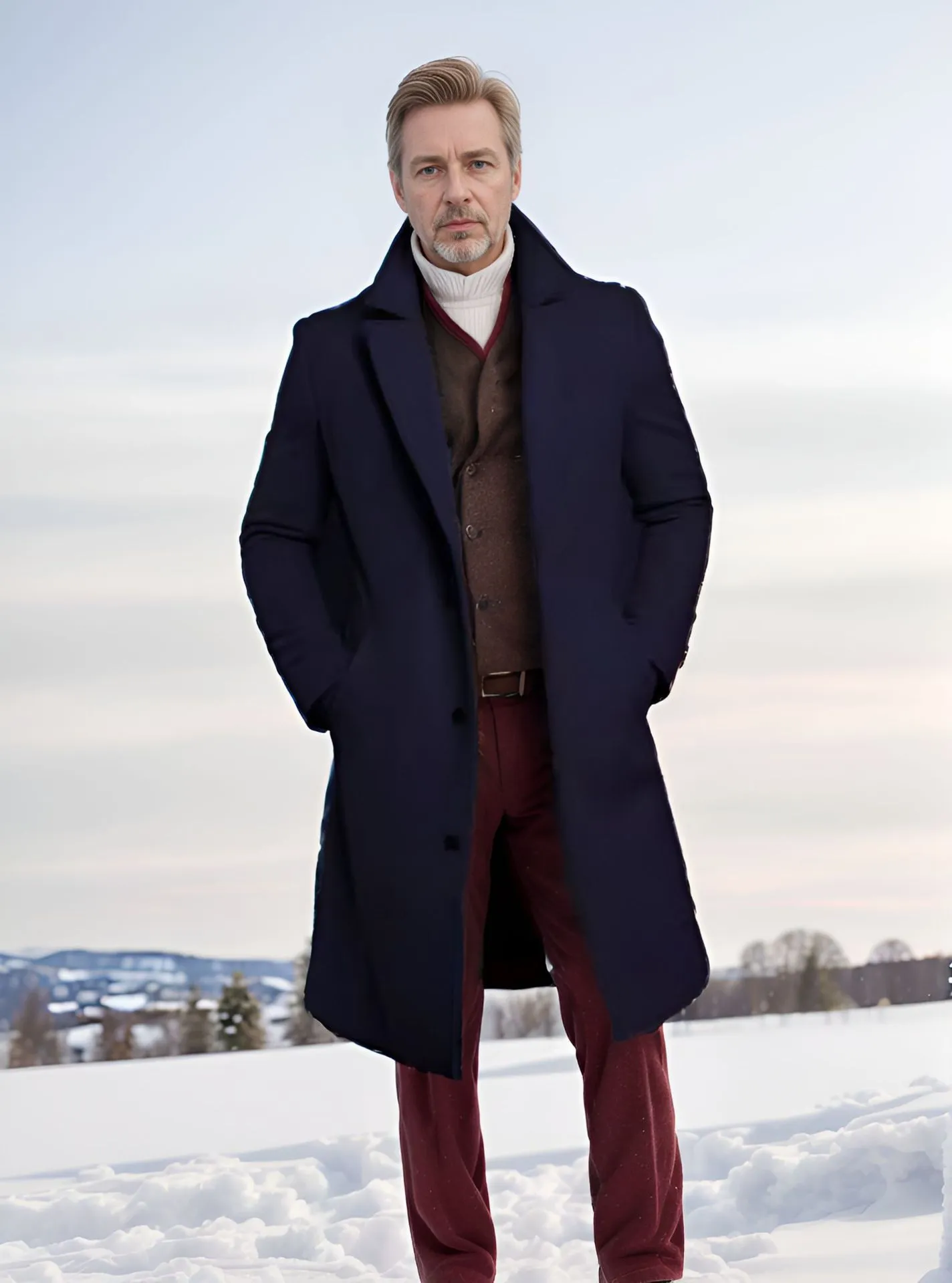 Men's mid-length solid colour woolen coat in black with side seam sidekick pockets